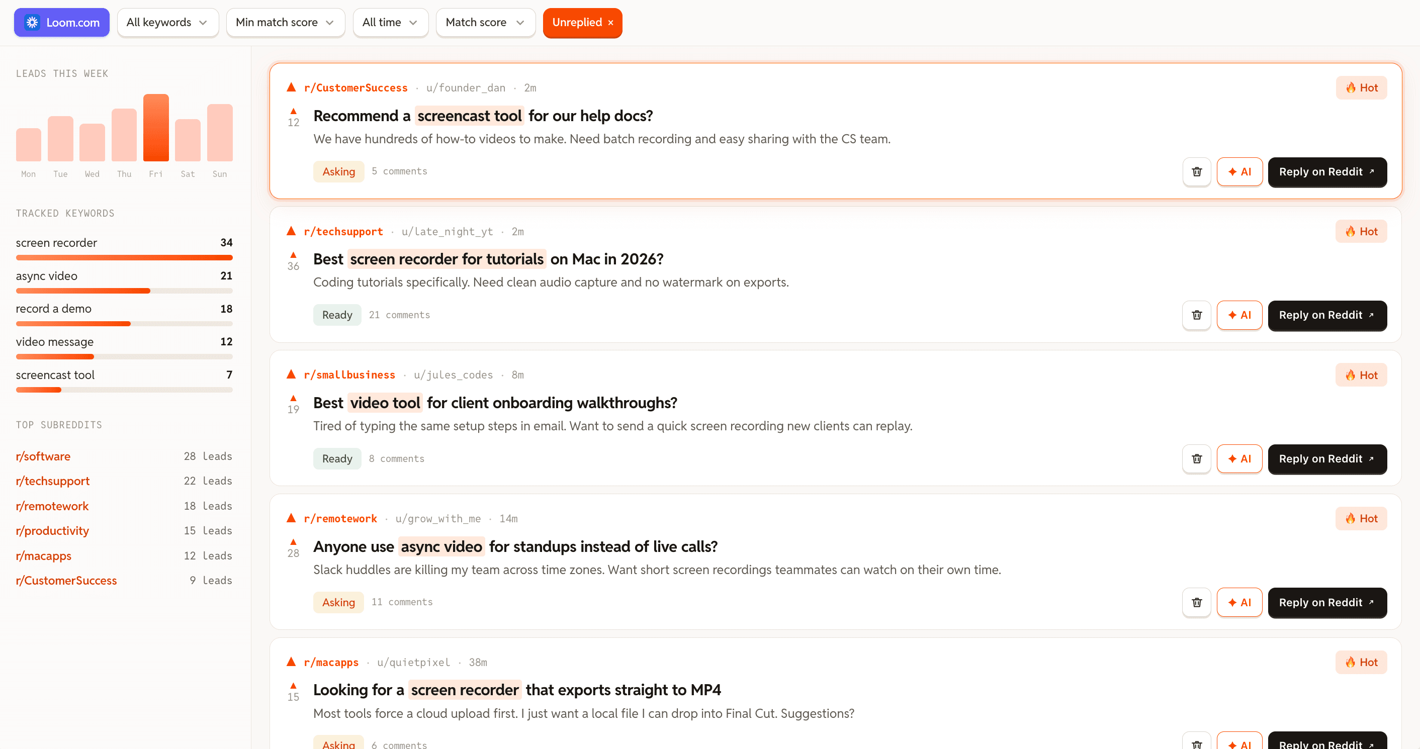 redditleads.farm dashboard showing scored Reddit leads with match scores, buying intent tags, and AI reply actions