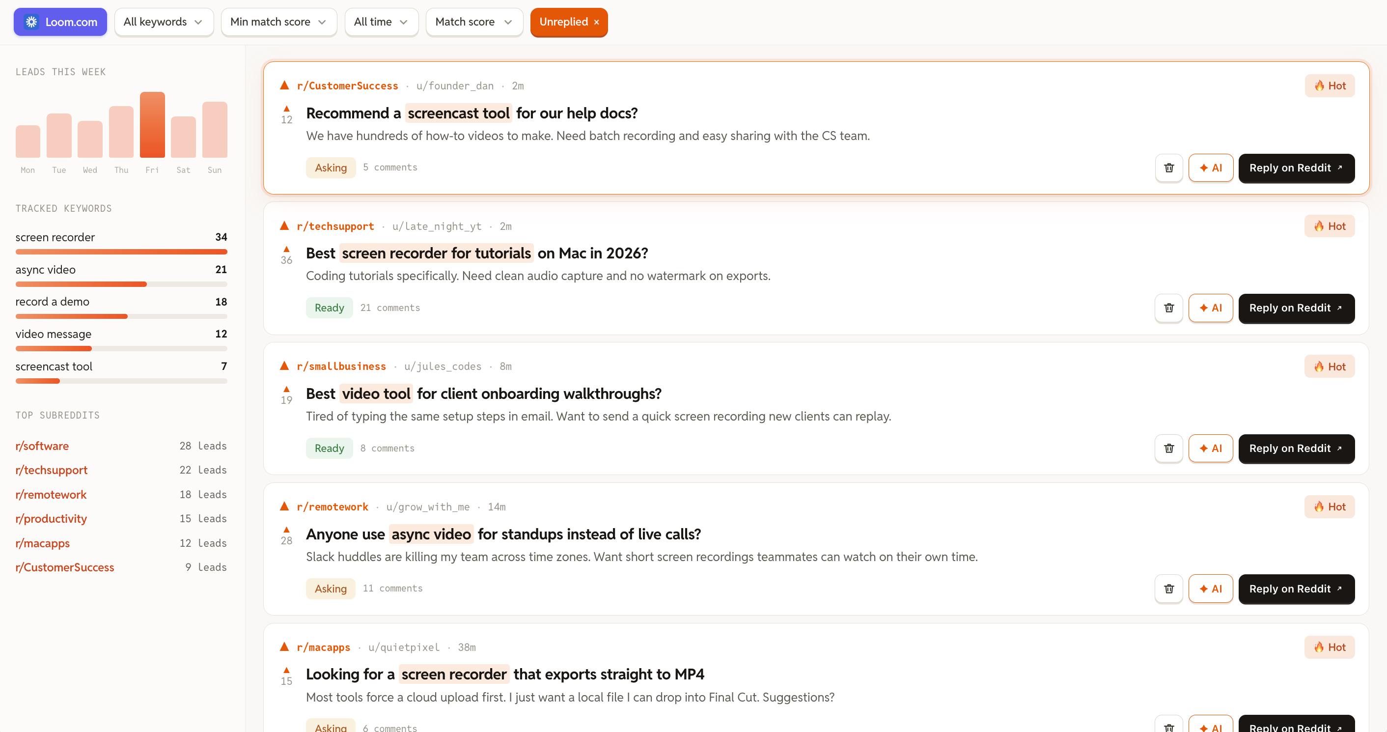 redditleads.farm dashboard showing scored Reddit leads with match scores and buying intent tags