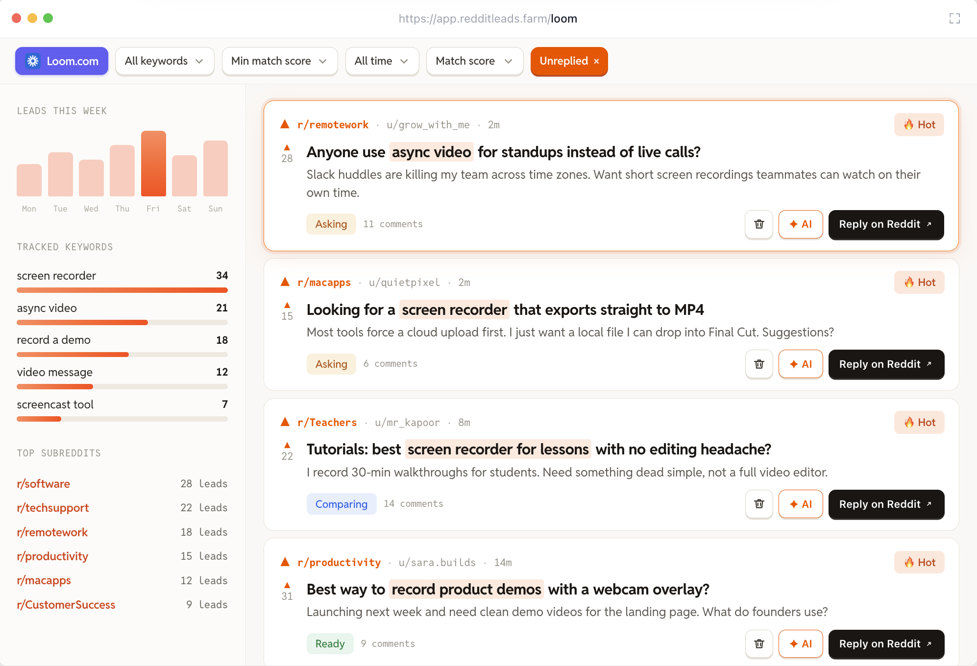 redditleads.farm dashboard showing scored leads as Hot, Warm, and Low
