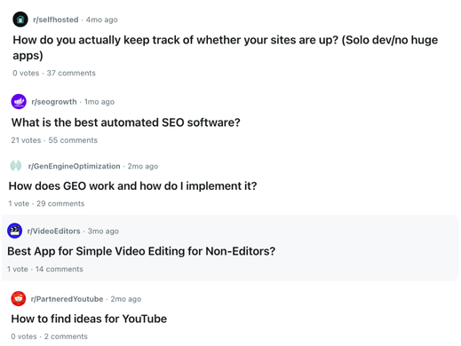 Compilation of Reddit posts where people ask for tools, advice, and recommendations across subreddits