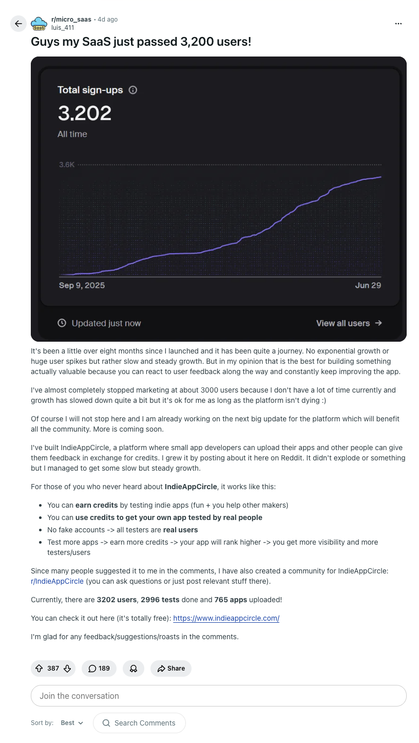 Example of a founder milestone post on Reddit