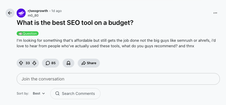 Reddit post asking for tool recommendations, the kind of thread SaaS founders should reply to