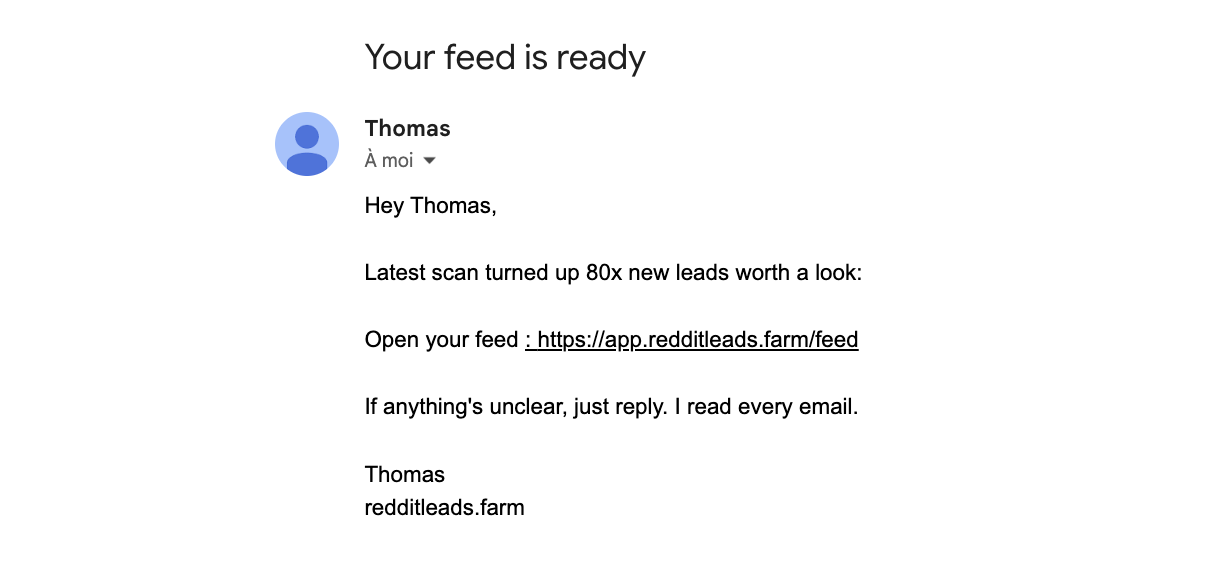 Email alert for a high-intent Reddit lead